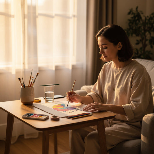 Woman painting a colorful design at a small table by a sunlit window, creating a calm and creative way to answer what to do when you don't know what to do.
