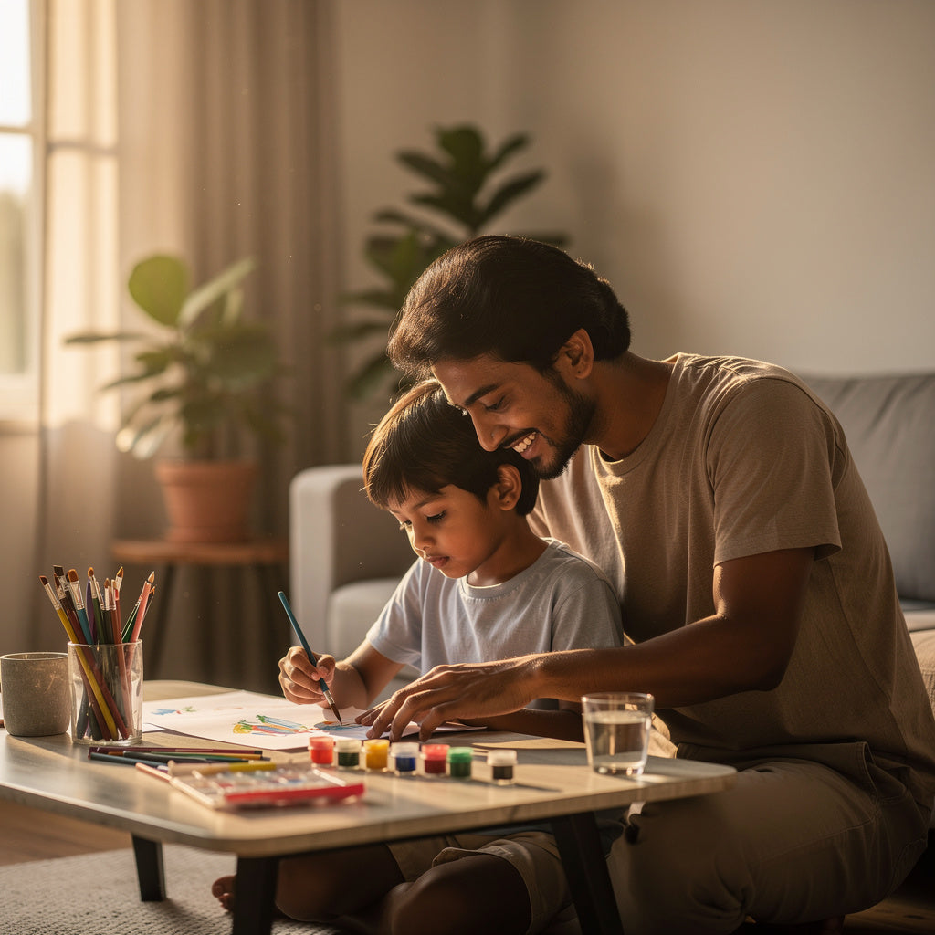 Parent and child painting together at a low table in a cozy living room, capturing bonding with children through a calm and creative moment.
