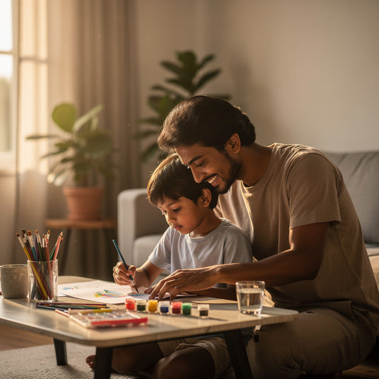 Parent and child painting together at a low table in a cozy living room, capturing bonding with children through a calm and creative moment.