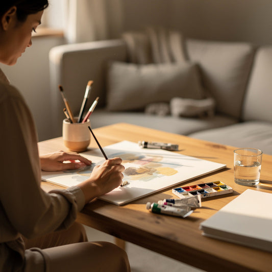 Person painting gently at a table with watercolors, brushes, and paper in a calm living room, capturing a quiet first step into making art.