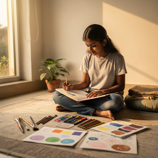 Teenage girl sits by a sunny window painting in a sketchbook, with watercolors, brushes, and color studies spread across a cozy floor space.