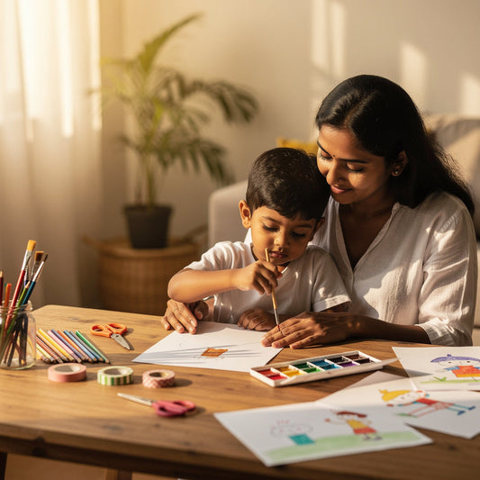 Mother helps her young child paint and draw at a sunlit table with art supplies, supporting creativity, learning and confidence at home.