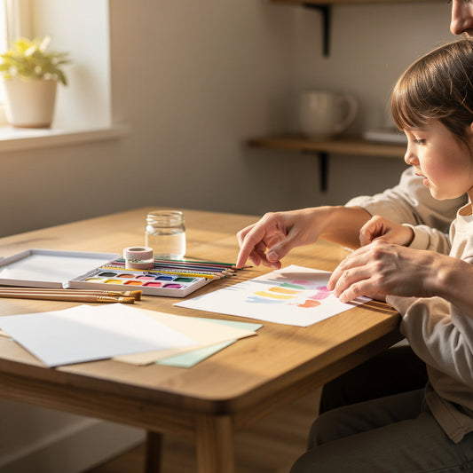 Adult and child painting together at a table with watercolors and paper, capturing a thoughtful, budget-friendly activity gift idea for a child.