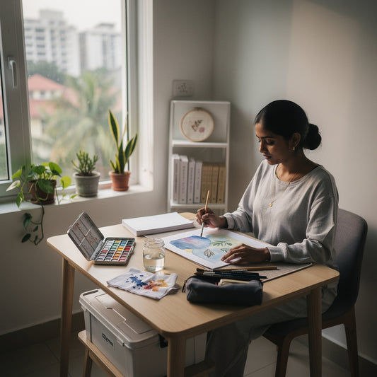 Woman painting with watercolors at a small desk by a window in a tidy apartment, creating a calm low-mess hobby in a cozy indoor setting.