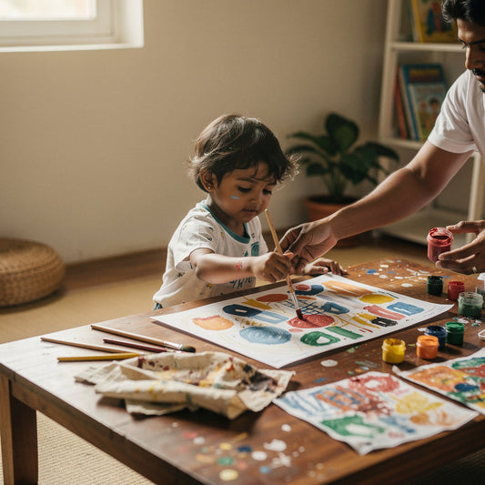 Young child painting freely at a table with bright colours while an adult gently helps, capturing why the process is more important than the outcome for children.