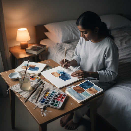 Woman painting with watercolors at a bedside table in soft lamplight, creating a calm evening scene that reflects hobbies that help you sleep better.