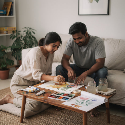 Couple painting together at a coffee table in a cozy living room, enjoying an affordable hobby at home with watercolors, brushes, and floral artwork.