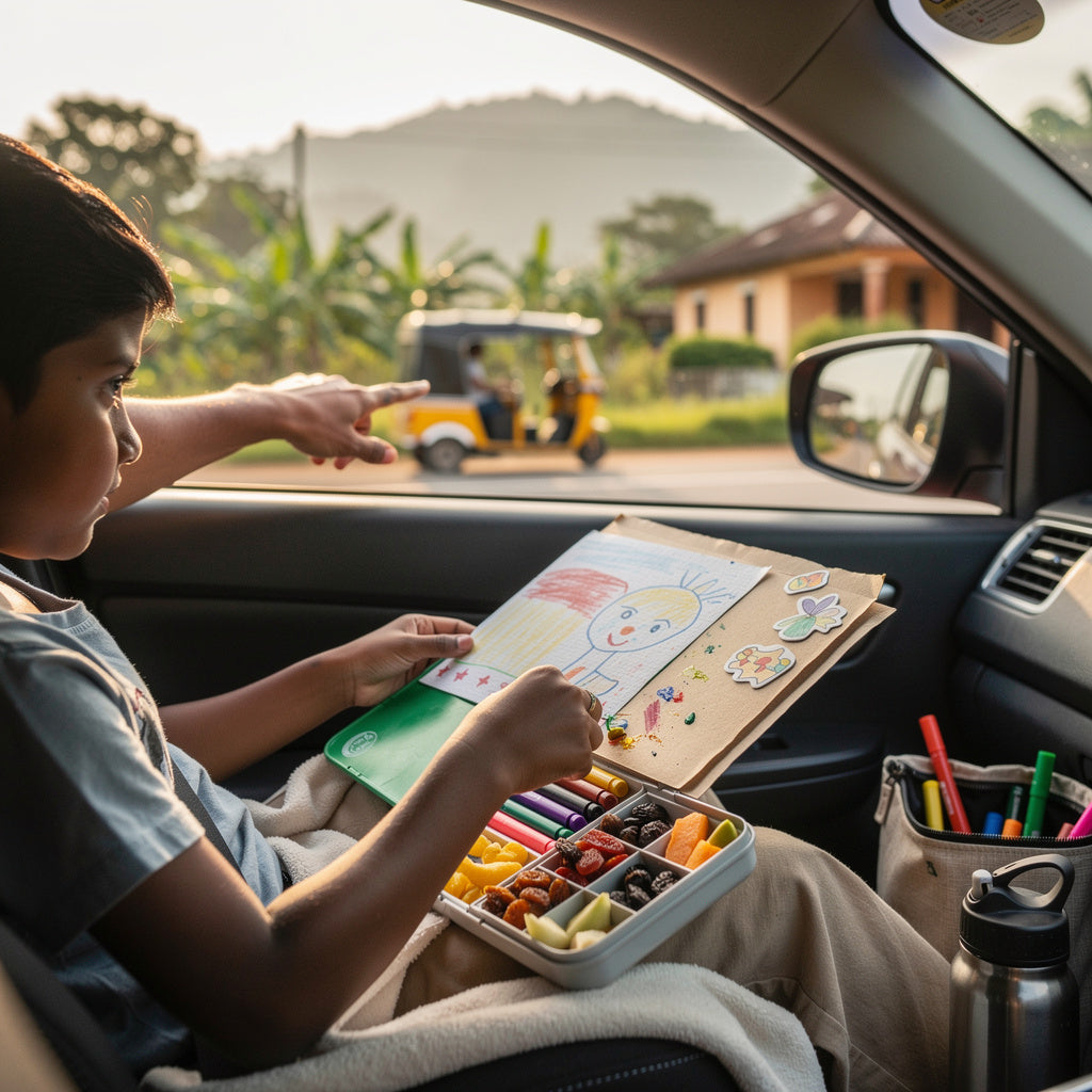 Child in a car colors a drawing and points outside while holding a snack tray, showing calm activities to keep children occupied during travel.