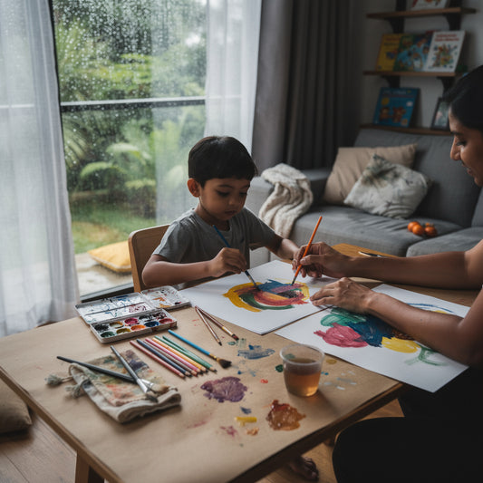 Child painting colorful artwork with an adult at a table by a rain covered window, a calm indoor activity for children during heavy rain.