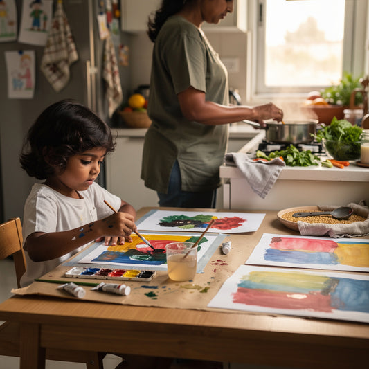 Child painting quietly at a kitchen table with watercolors while a parent cooks nearby, showing a calm activity for children while parents cook.
