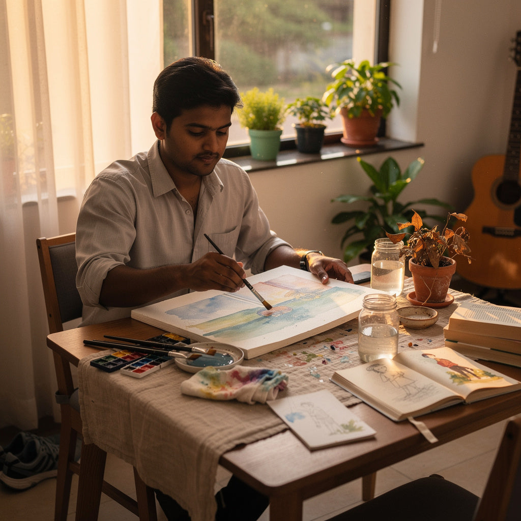 Person painting with watercolors at a sunlit table surrounded by sketchbooks and houseplants, capturing a calm creative hobby that helps reduce work stress.