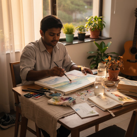 Person painting with watercolors at a sunlit table surrounded by sketchbooks and houseplants, capturing a calm creative hobby that helps reduce work stress.