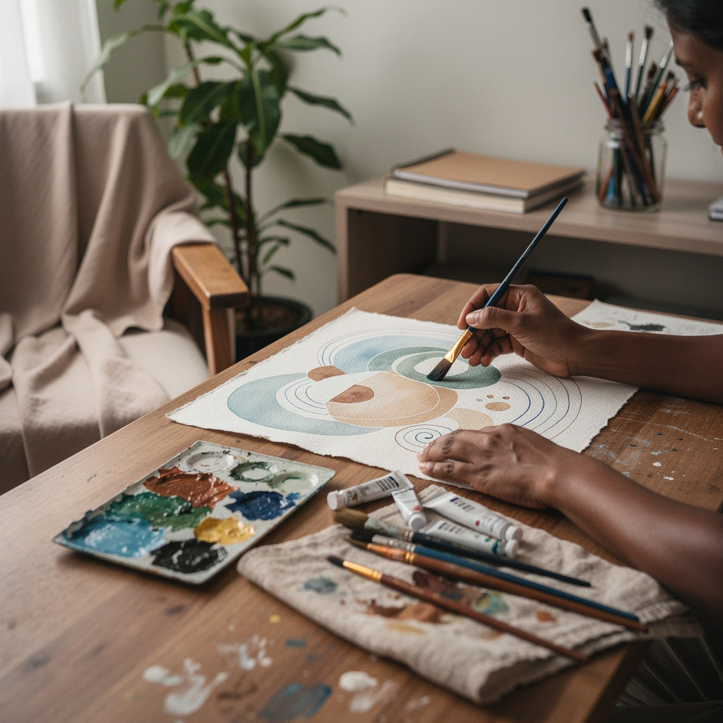 Hands painting soft abstract shapes with watercolors at a wooden table in a calm home studio, supporting motor skills, observation and focus through relaxed art.