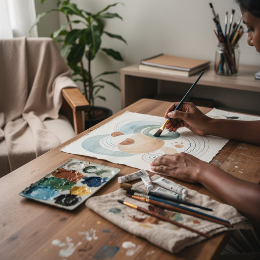 Hands painting soft abstract shapes with watercolors at a wooden table in a calm home studio, supporting motor skills, observation and focus through relaxed art.