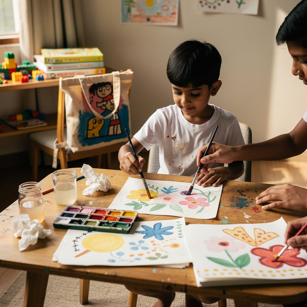 Child painting colorful flower artwork at a table with watercolors and helping hands nearby, showing a creative gift idea for children who get bored easily.