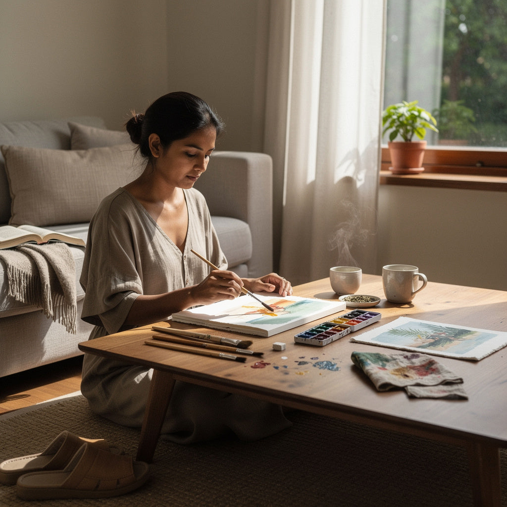 Woman painting with watercolors at a low table in a sunlit living room, creating a calm and restorative Sunday at home.