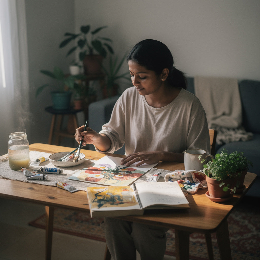 Woman painting with watercolors at a wooden table in a calm living room, surrounded by brushes, sketchbooks, and plants as an offline creative hobby.
